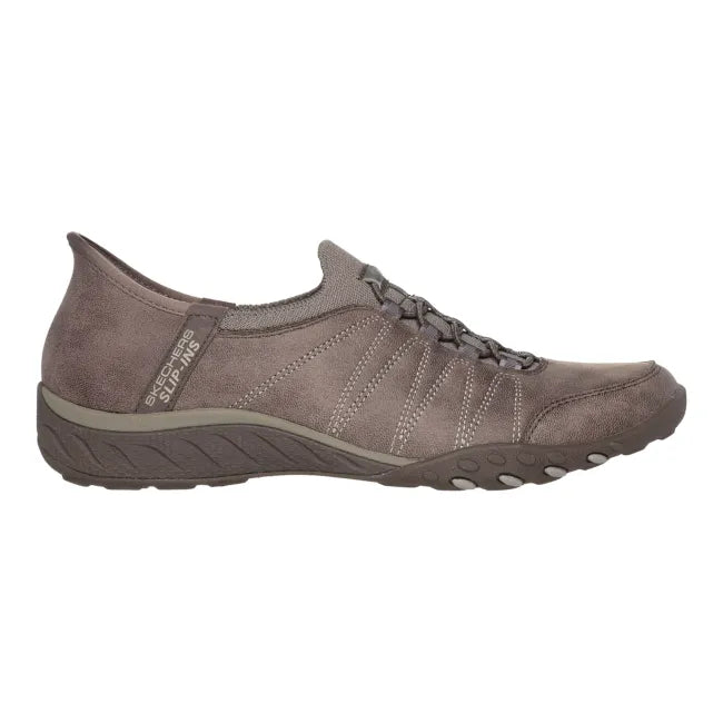 Lateral side of Skechers Women's Breathe Easy Home Body Slip In Shoes in Taupe