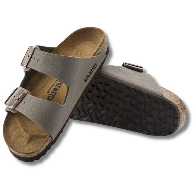 Top and sole of Birkenstock Unisex Arizona Birkibuc Sandal in Stone