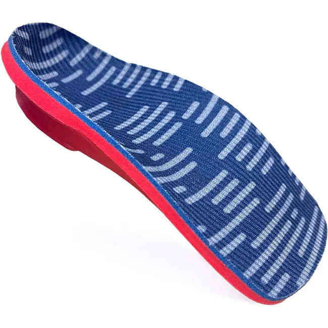 Angled look at the blue and red PowerStep Kids' Pinnacle Junior 3/4 Orthotic Insole