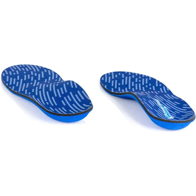 Pair of blue PowerStep Kids' Pinnacle Junior Orthotic Insoles