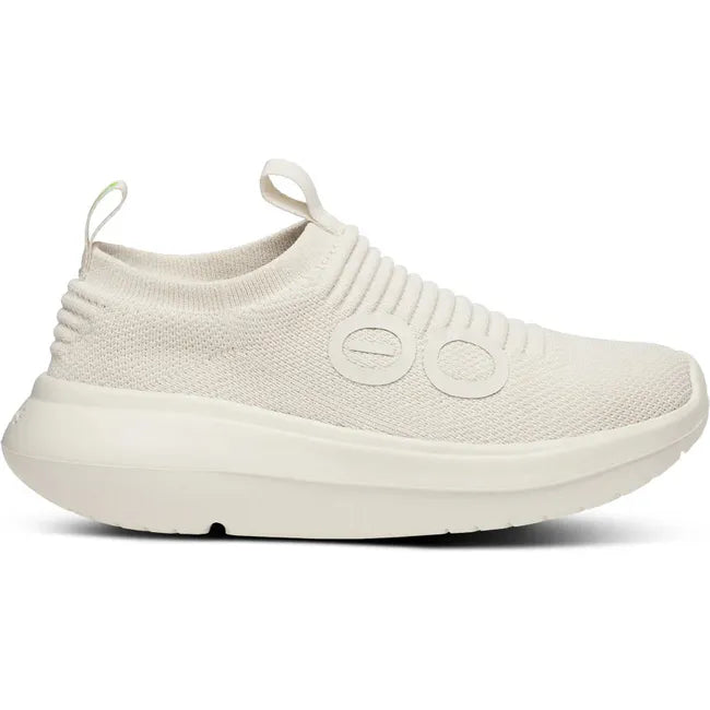 Lateral side of Women's OOfos OOmy Zen Sneaker in Chalk off white