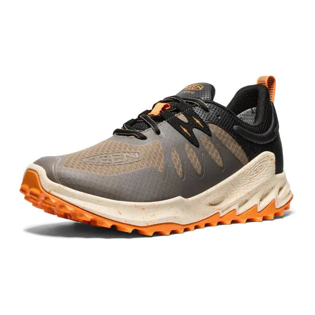Front angled view of Men's Keen Zionic Waterproof Hiking Shoe in Brindle Bright Marigold