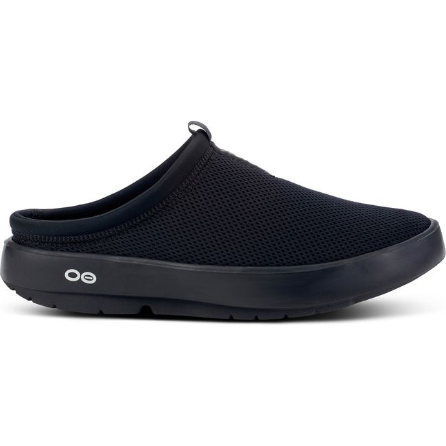 Lateral side of Women's OOFOS OOcoozie Sport Mule in black mesh