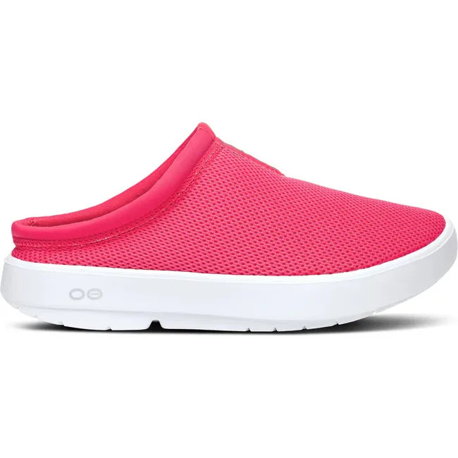 Lateral side of Women's OOfos OOcoozie Sport Mule in Neon Berry mesh