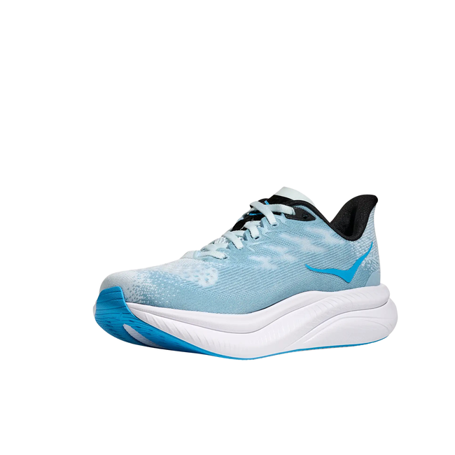 Angled Medial Side of Hoka Women's Mach 6 Running Shoe in Tundra Blue 