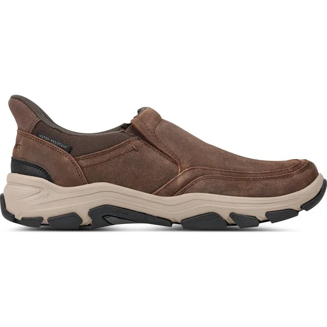 Lateral side of Men's Rockport Reece Step Activated Slip On Shoe in medium brown suede