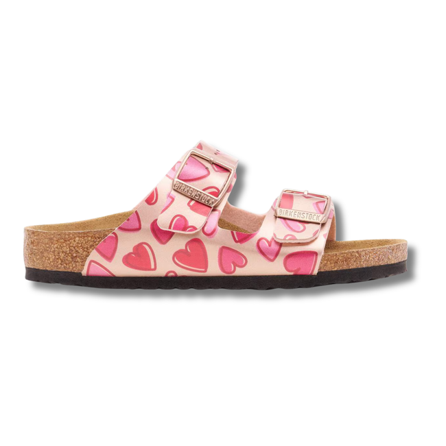 Lateral side of Birkenstock Kids' Arizona Birko-Flor Sandal in Metallic Copper Hearts
