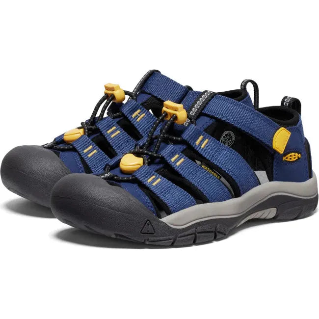 Pair of KEEN Youth Kids' Newport H2 Closed Toe Sandal in Naval Academy Blue and Keen Yellow