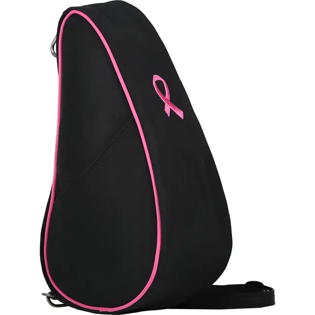 Angled lateral side of Ameribag 10" Microfiber Cross Body Bag in black with pink breast cancer patch