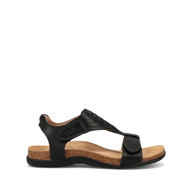 Lateral side of of Women's Taos Wonderful Cork Support Sandal in black leather with velcro straps