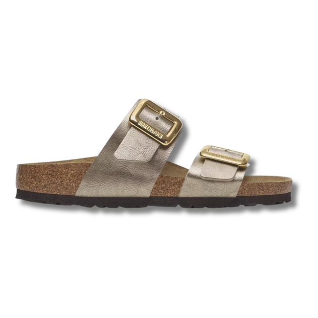Lateral side of Birkenstock Women's Sydney Luxe Buckle Sandal in Graceful Taupe 