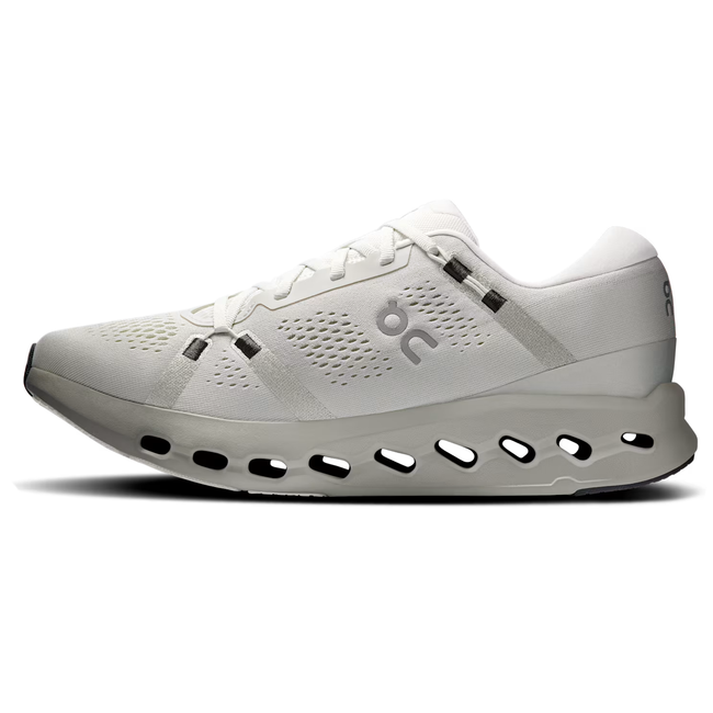 Medial side of On Running Men's Cloudsurfer 2 Running Shoe in Ivory Iceberg White