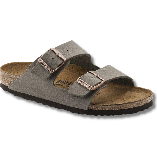 Angled side of Birkenstock Unisex Arizona Birkibuc Sandal in Stone