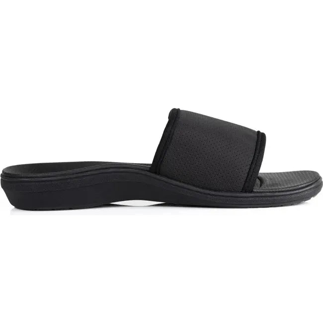Lateral side of Men's PowerStep Archwear Slide Sandal in Black with an adjustable velcro strap