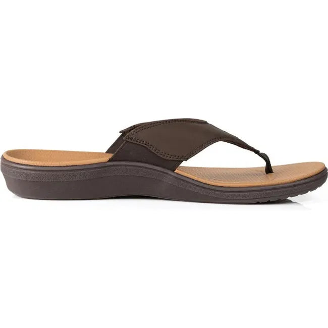 Lateral side of Men's PowerStep Archwear Flip Flop Sandal in Brown and Tan