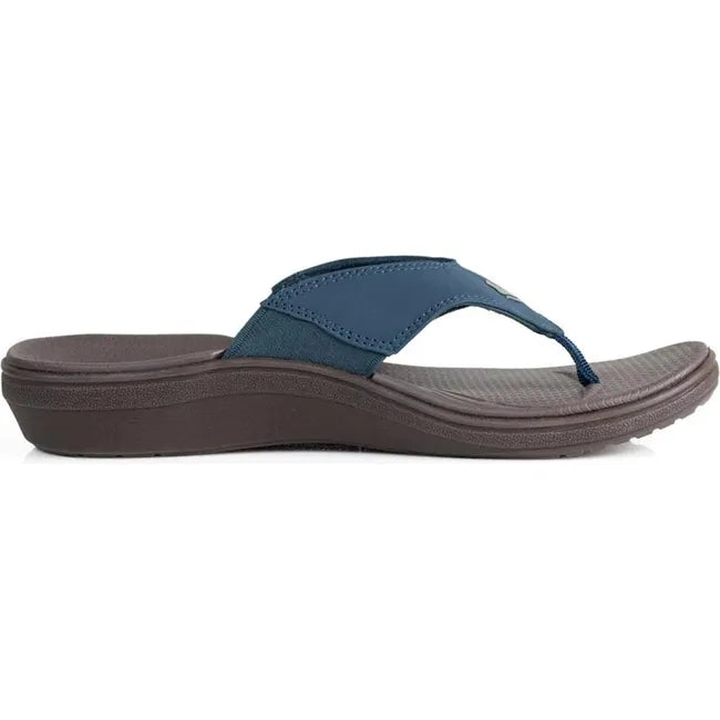 Lateral side of Women's PowerStep Archwear Flip Flop Sandal in Navy and Brown