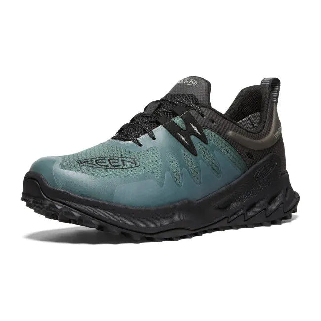 Front angled view of Men's Keen Zionic Waterproof Hiking Shoe in Dark Forest Black