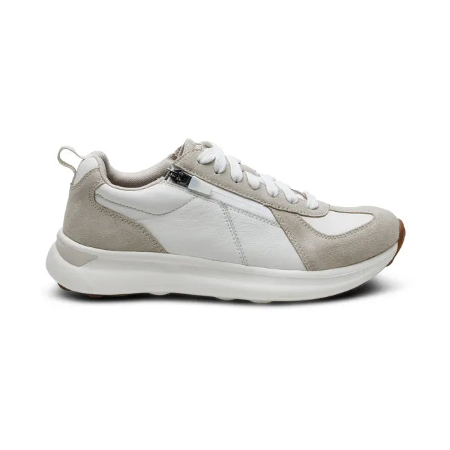 Side of of Aetrex Women's Elise Sneaker in white and beige with side zipper