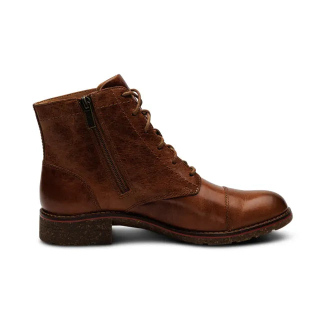Medial side of Aetrex Women's Juliet Lace Up Boot in Cognac Brown Leather with side zipper