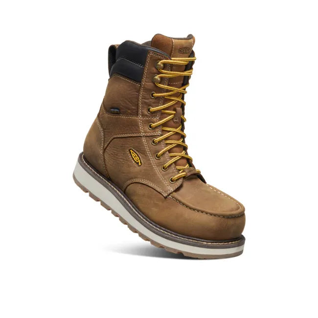 Angled view of Keen Men's Cincinnati 8" Waterproof Carbon Toe Work Boot in Belgian Sandshell