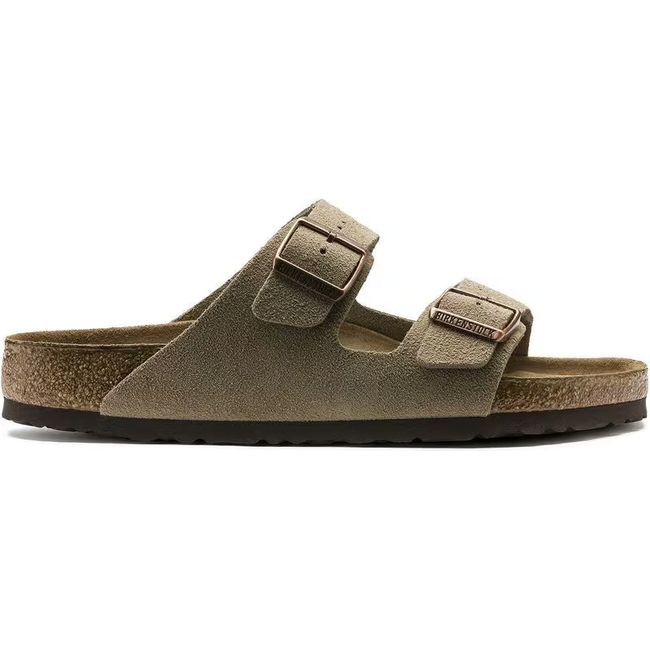 Lateral side of Birkenstock Unisex Arizona Soft Footbed Sandal in taupe suede