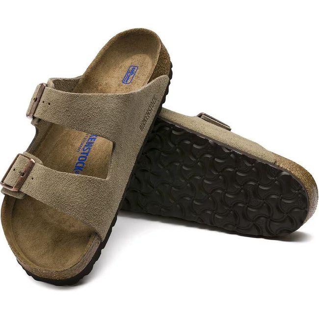 Upper and sole of Birkenstock Unisex Arizona Soft Footbed Sandal in taupe suede