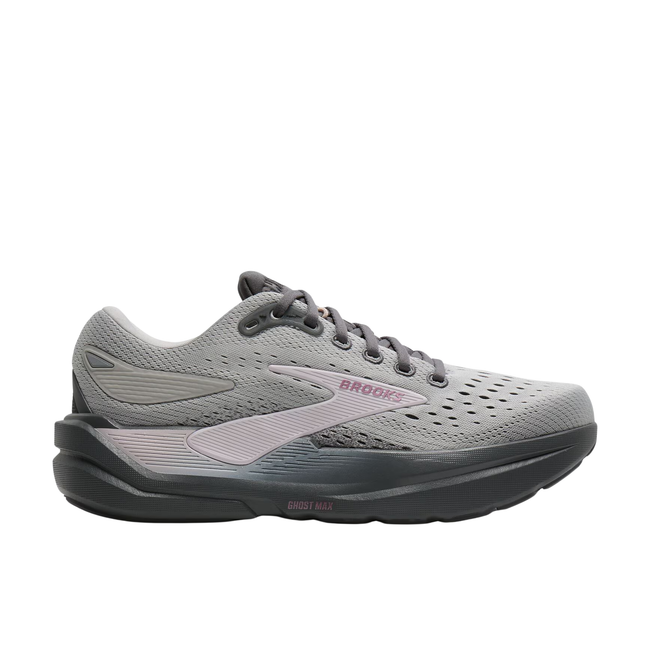 Side of Brooks Women's Ghost Max 3 Running Shoe in Grey & Poppy Seed Pink