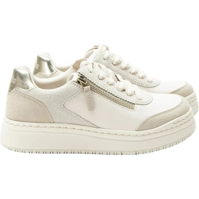 Lateral side of Women's Alegria Averie Sneakers in white and boho beige with side zipper