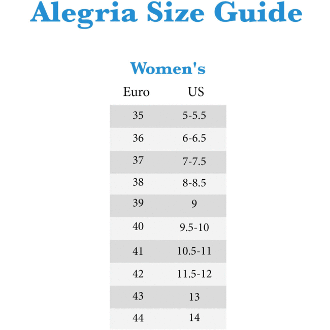 Alegria size chart