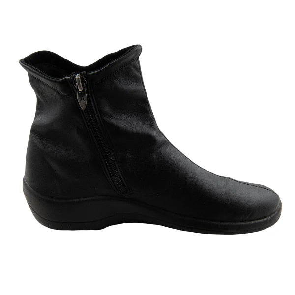 Medial side of Women's Arcopedico Paluma Bootie in black vegan leather with side zipper