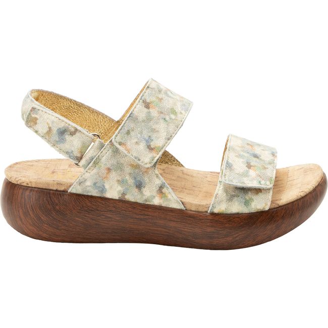 Lateral side of Women's Alegria Bailee Sandal in Conjure Beige and Green with velcro straps
