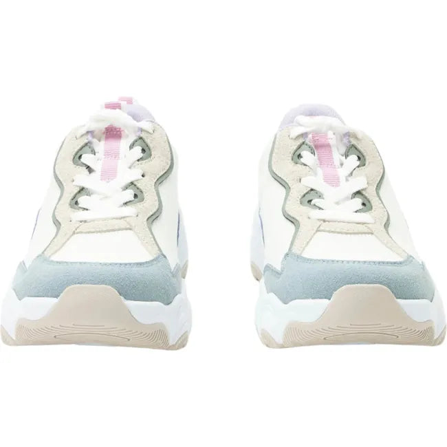 Front of a pair of Women's Alegria Boom Joy Sneakers beige with blue, green and pink accents