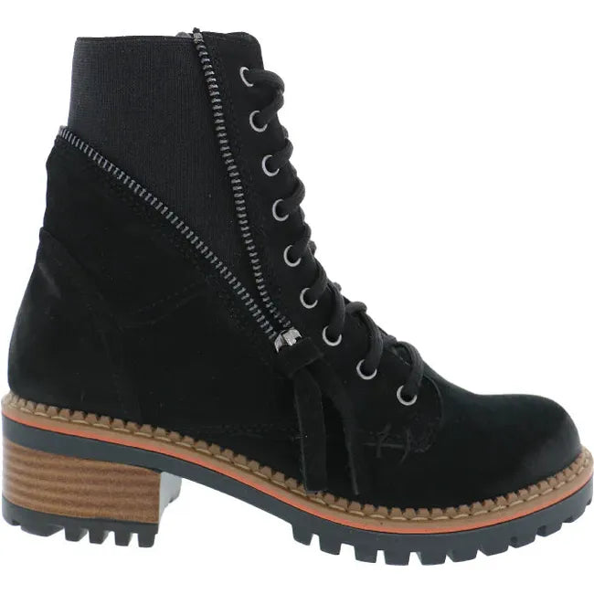 Lateral side of Womens Biza Willow Boot in black suede with an accent side zipper and tan midsole