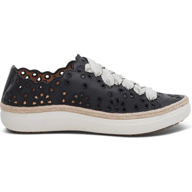 Lateral side of Women's Aetrex Charlotte Arch Support Sneaker in Black leather with cutouts
