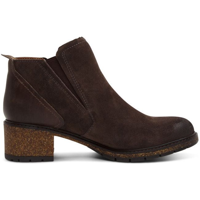 Lateral side of Women's Aetrex Frankie Boot in brown suede with block heel