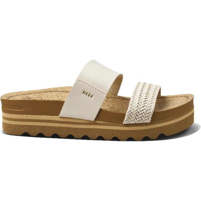 Lateral side of Women's Reef Cushion Vista Hi Platform Slide Sandals in Vintage White vegan leather