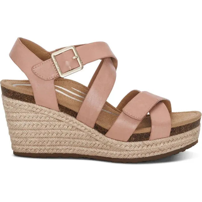 Lateral side of Women's Aetrex Anna Arch Support Wedge Sandal in Rose Pink