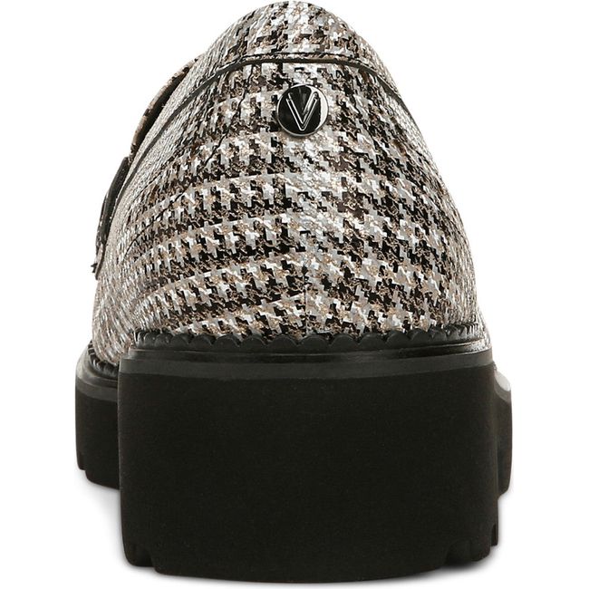 Heel of Womens Vionic Fillmore Penny Loafer in Black White Houndstooth plaid upper with black sole