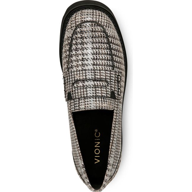 Top down view of Womens Vionic Fillmore Penny Loafer in Black White Houndstooth plaid upper