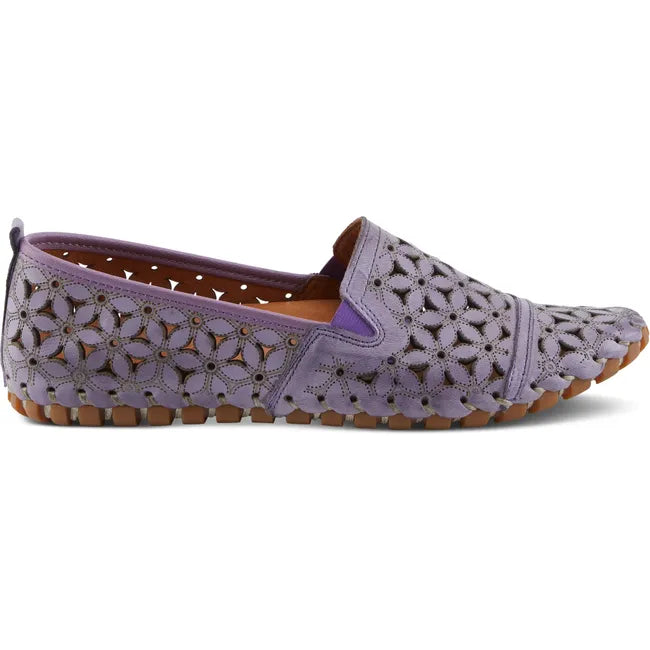 Lateral side of Women's SpringStep Flowerflow Flat in purple leather with floral cutouts