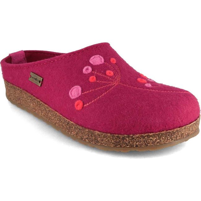 Front angled view of Women's Haflinger Amaya Clog in port pink wool upper with cork sole