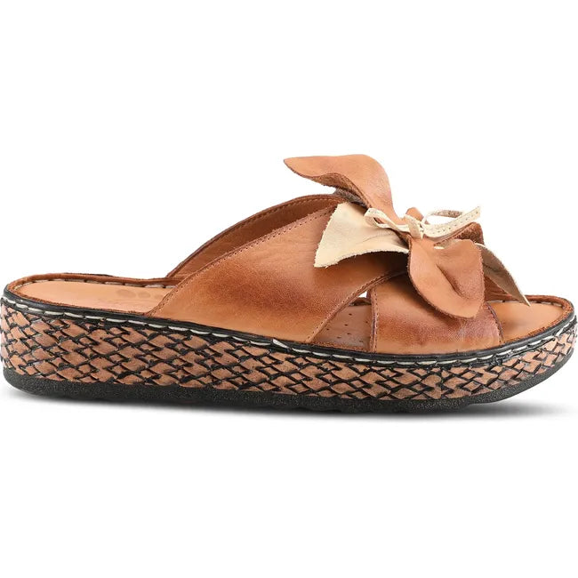 Lateral side of Women's Spring Step Hilary Sandal Slide in camel brown leather with flower bow