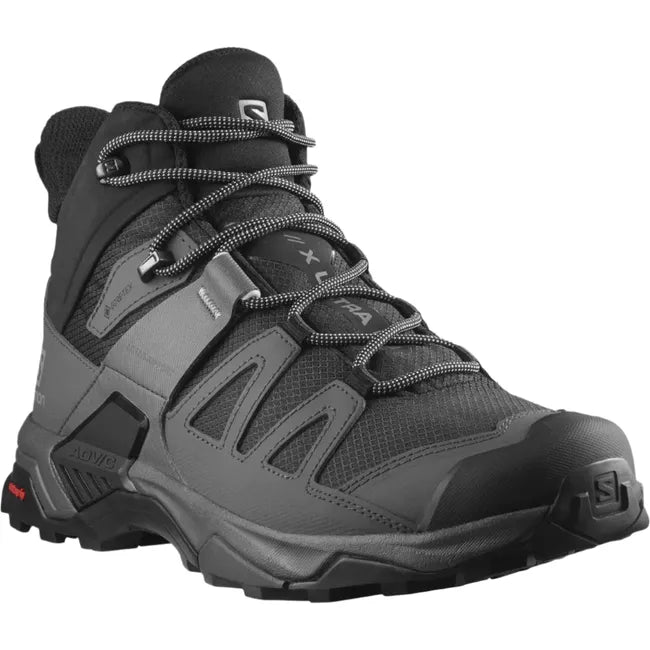 Front of Men's Salomon X Ultra 4 Mid Gore-Tex Hiking Boot in black with Goretex waterproofing