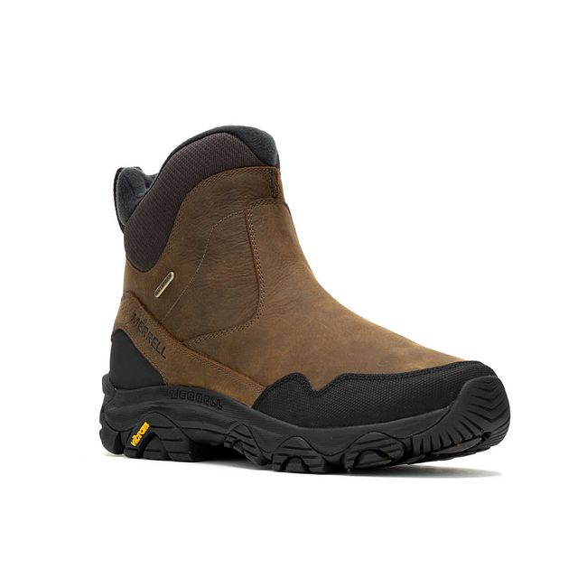 Front angled view of Merrell Men’s Coldpack 3 Thermo Tall Zip Waterproof Boot in Earth Brown