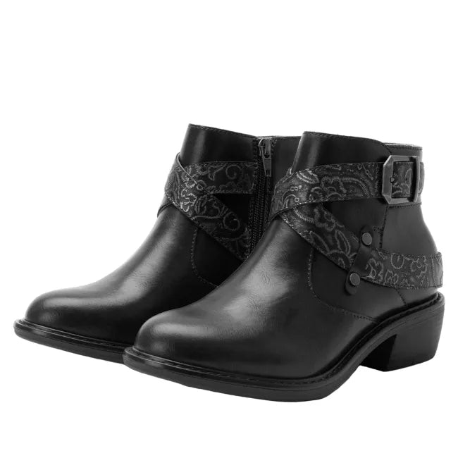 Pair of Alegria Women's Millie Boots in Embroider Me Black Leather