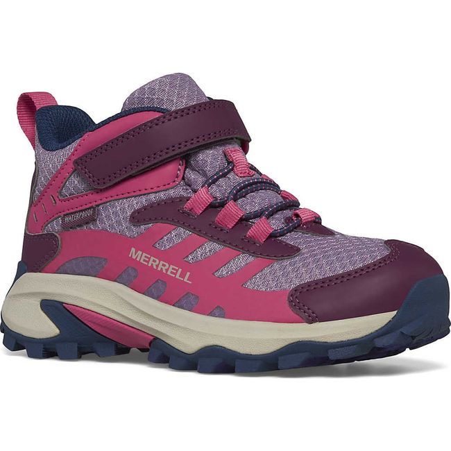 Front angled of Merrell Big Kids' Moab Speed Mid 2 A/C Waterproof Hiking Boot in Berry Purple