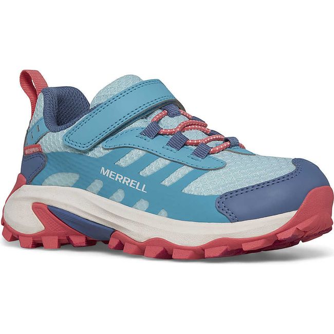 Front angled of Merrell Big Kids' Moab Speed 2 Low A/C Waterproof Hiking Shoe in Turquoise/Coral