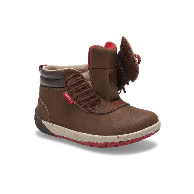 Velcro strap wide open of Merrell Little Kids' Bare Steps Boot 2.0 in Brown Suede
