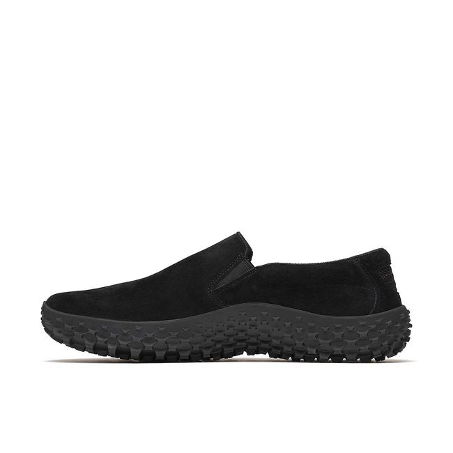 Medial side of Merrell Men's Wrapt Waterproof Slip On Shoe in Black Suede