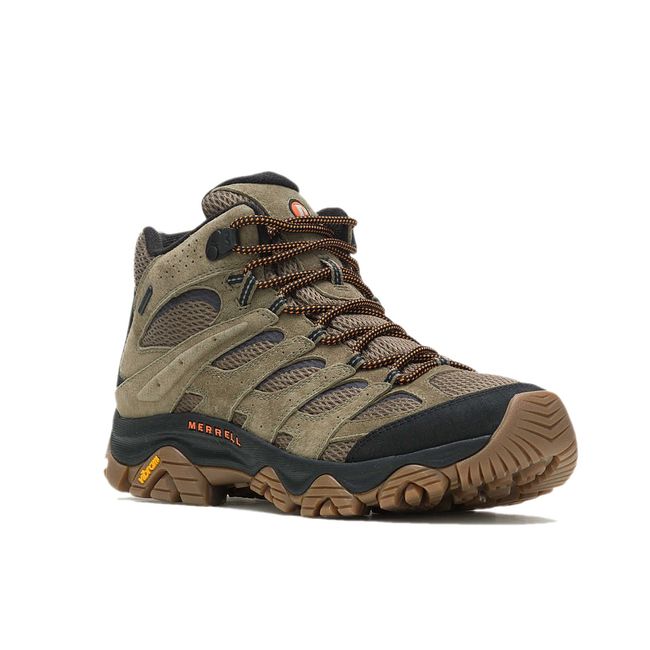 Angled view of Olive Green Merrell Men's Moab 3 Mid Waterproof Hiking Boot